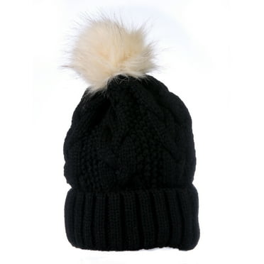 CHAOSHUO Girls Winter Knitted Beanie Hat Real Fur Pom Pearls Womens Warm Cap 